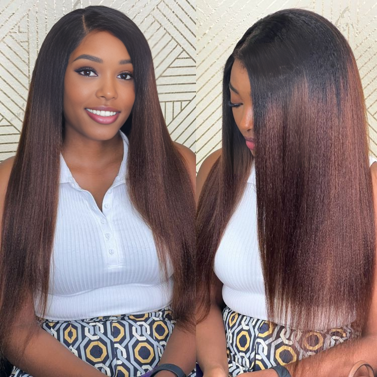 Kinky straight wigs featuring natural-looking texture and volume