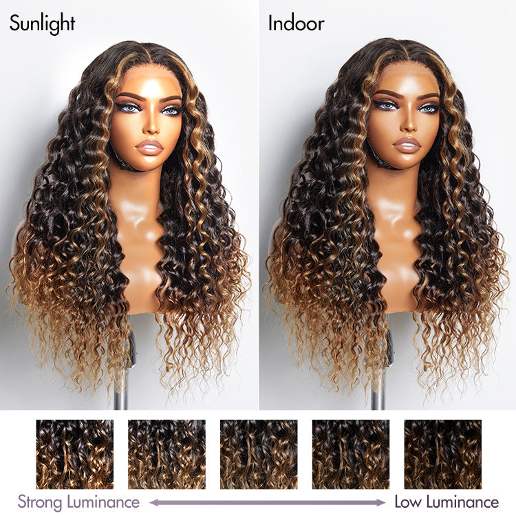 Brown highlights adding dimension to a water wave wig，different in sunlight and indoor